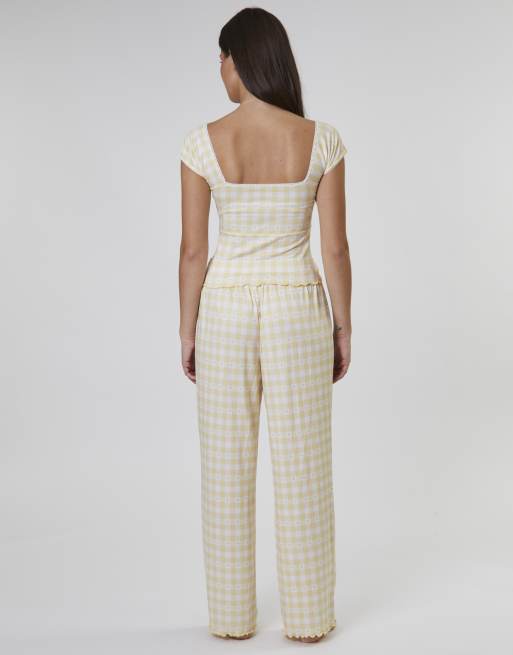 Loungeable Gingham heart printed cami and wide leg trouser set in yellow, 4 of 4