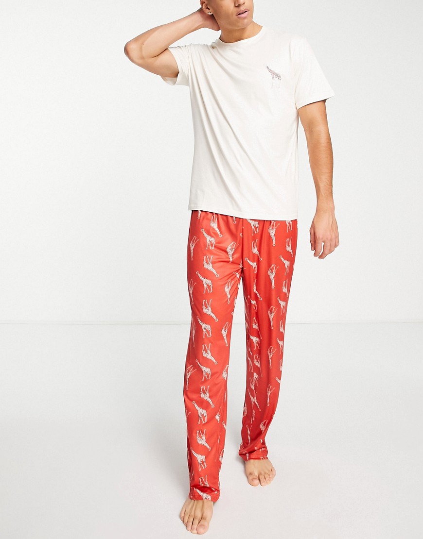 Loungeable Giraffe Long Pajama Set In White And Burgundy-red
