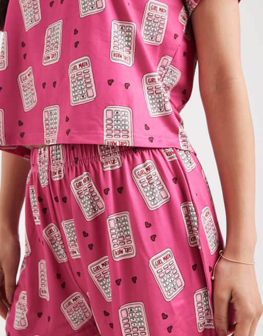 Loungeable girl math t-shirt and shorts pajama set in hot pink, 3 of 4