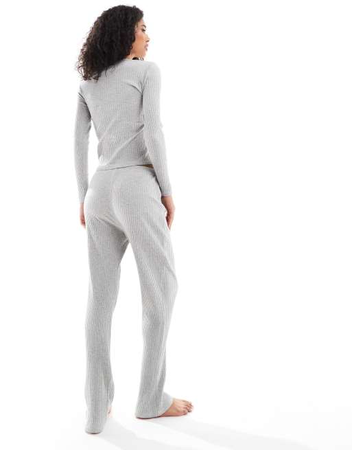 Loungeable - Gråmeleret pyjamassæt med ribstrikket cardigan og bukser med lige ben, 4 af 4