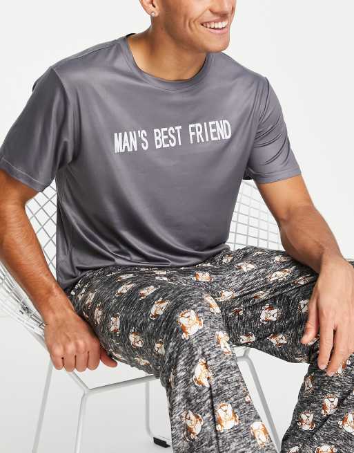 Loungeable - Gråt pyjamassæt med T-shirt med 'Man's Best Friend'-print og lange bukser med hundeprint