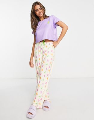 Loungeable gummy long pyjama set in purple and cream