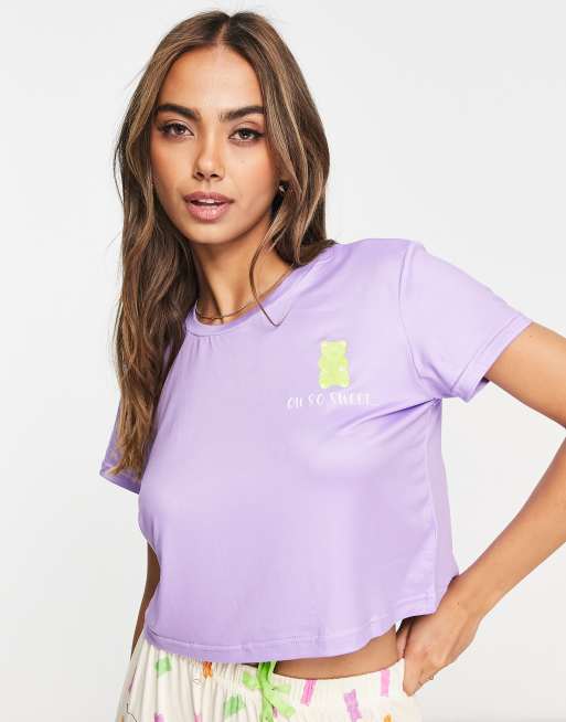 Loungeable gummy long pyjama set in purple and cream, 4 of 4