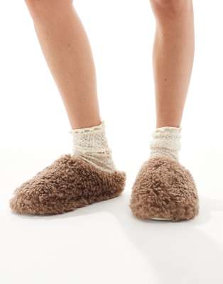 Loungeable - Hausschuhe in Mules aus kuscheligem Teddyfell in Mokkabraun