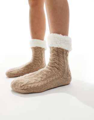 Loungeable - Hausschuhsocken in Haferbeige meliert mit Zopfmuster und Teddyfutter-Neutral