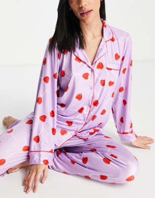 Loungeable heart lollipops button through pajama set in lilac