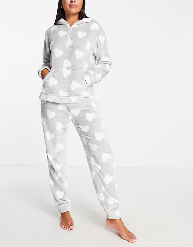 Loungeable heart print fluffy pajama set in gray