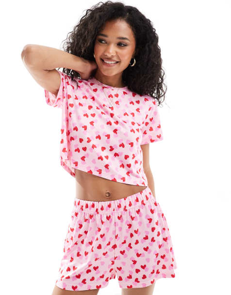 Loungeable heart print jersey pajama t shirt and short set in pink - view 1