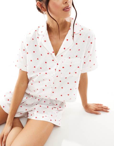Loungeable heart printed dobby short sleeve shirt & shorts pyjama set in ivory - view 1