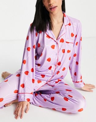 Loungeable hearts lolly button through pyjama set in lilac