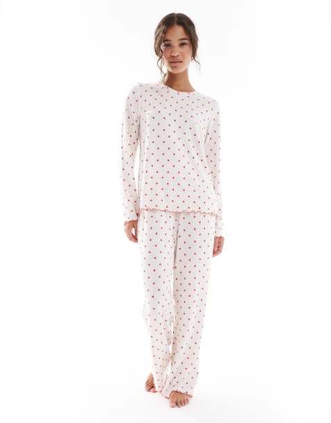 Loungeable Heather brushed rib long sleeve top and pants set in cream heart print - view 1