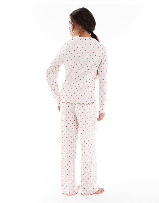 Loungeable Heather brushed rib long sleeve top and pants set in cream heart print, 4 of 4