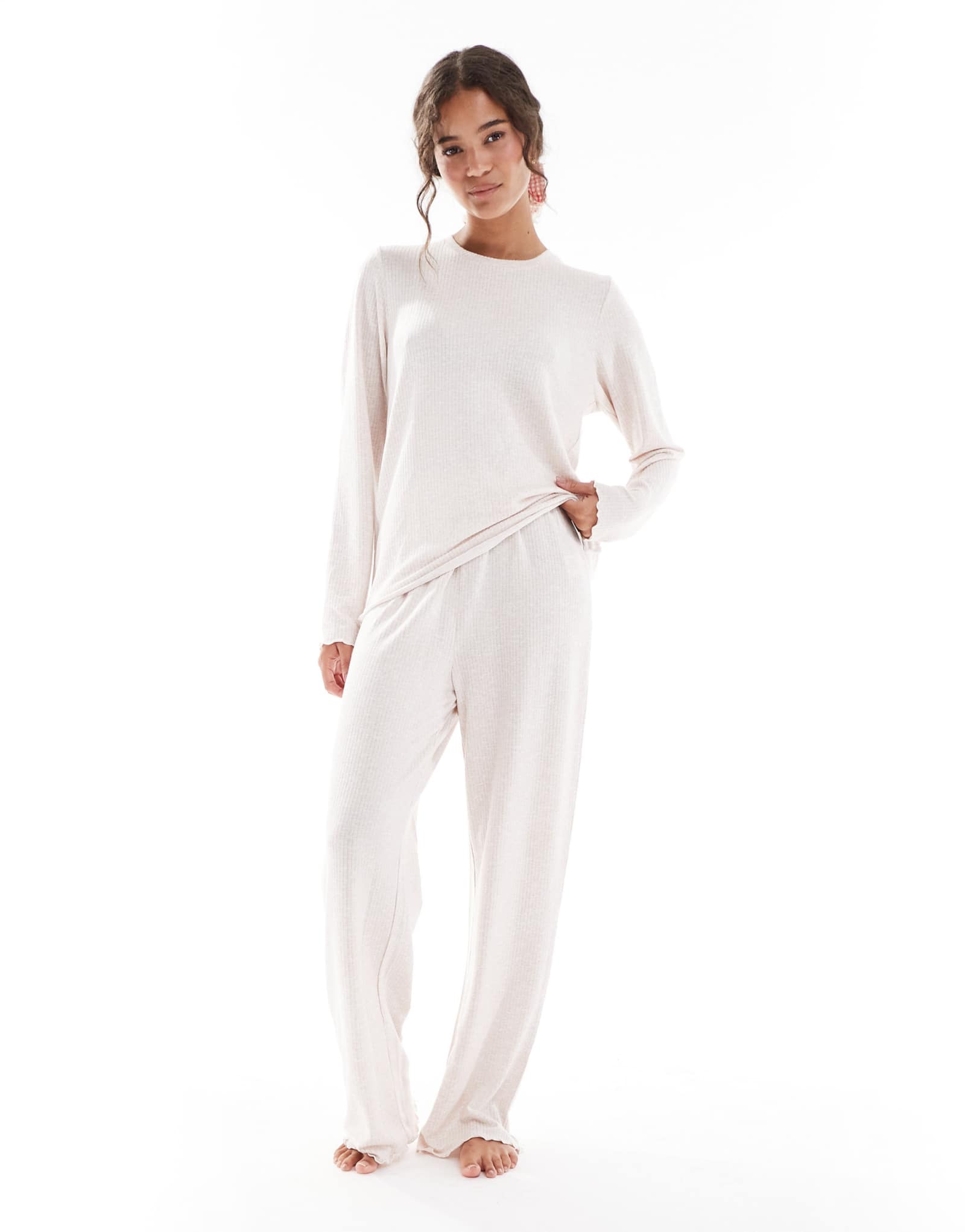 Облегающий топ и брюки с длинными рукавами в рубчик из вереска, выполненные из овсяного меланжа