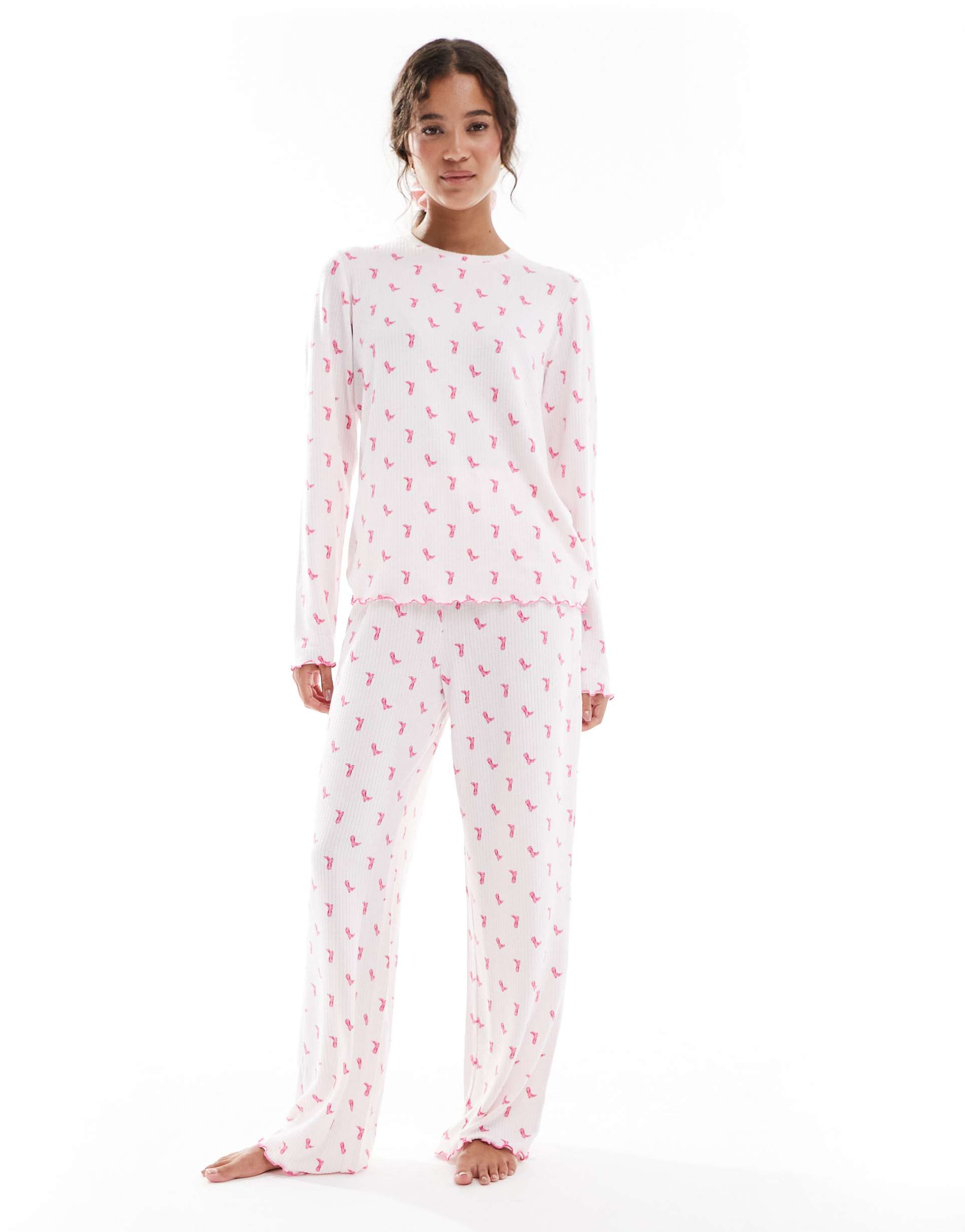 loungeable heather brushed rib long sleeve top and pants set in pink cowboy boot print