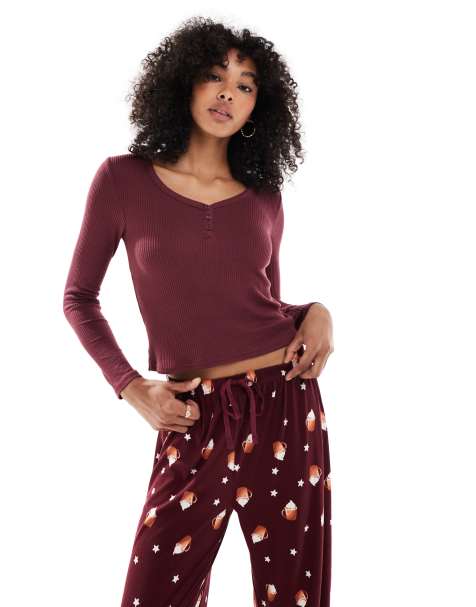 Loungeable henley top and printed pants pyjama set in spiced latte print - view 1
