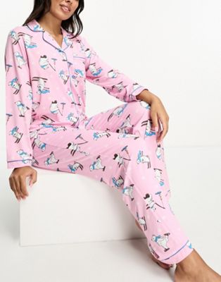 Loungeable his and hers polar christmas bear long button through pyjamas in pink