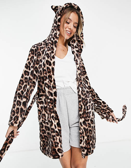 Loungeable hooded robe with ears in leopard