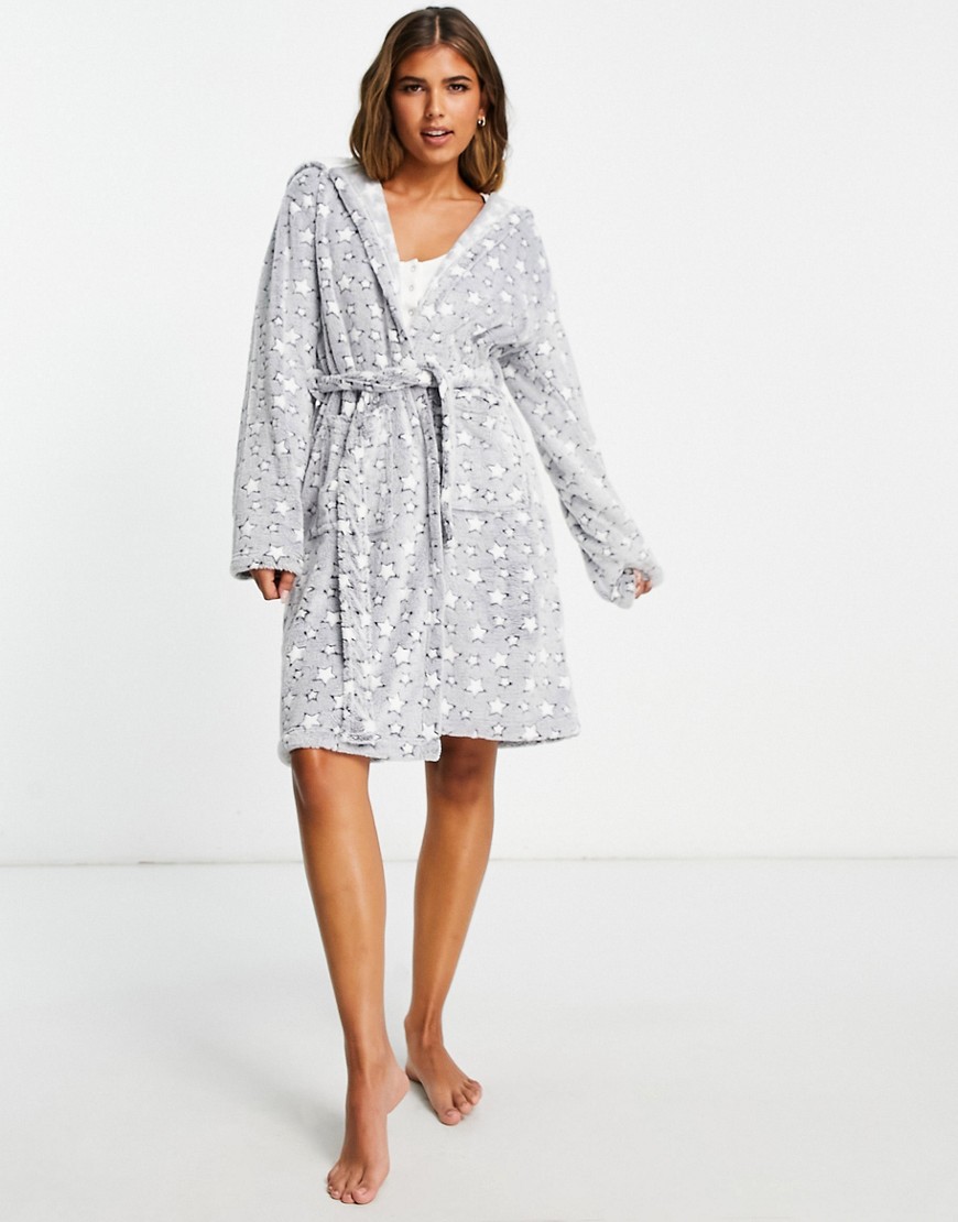 Loungeable Hooded Robe With Sherpa Lining In Gray Multi Star