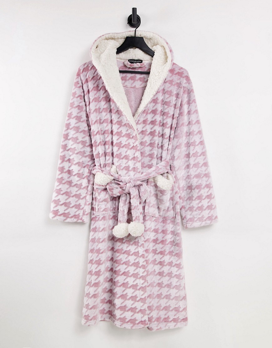 Loungeable hooded robe with sherpa lining in pink houndstooth