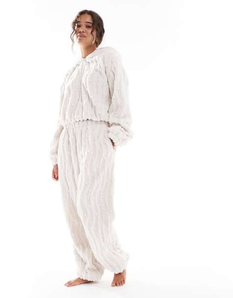 Loungeable – Hose aus Fleece in Creme mit welliger Popcorn-Struktur und weitem Bein, Kombiteil - view 1