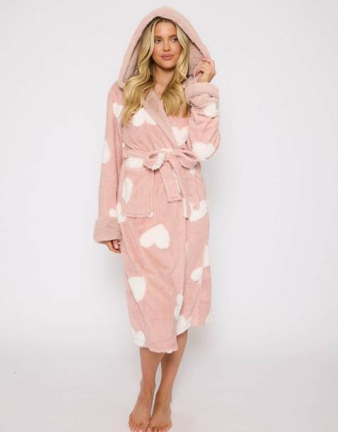 Loungeable Jaquard heart hooded robe in pink - view 1