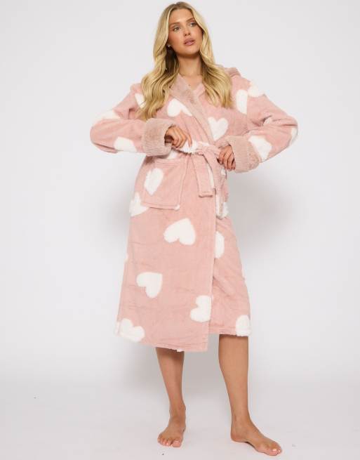 Loungeable Jaquard heart hooded robe in pink, 2 of 4