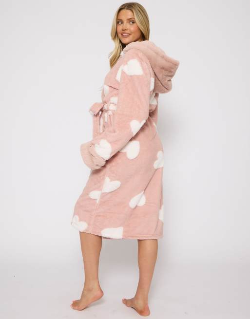 Loungeable Jaquard heart hooded robe in pink, 4 of 4