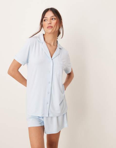 Loungeable jersey short sleeve shirt & shorts pyjama set in baby blue - view 1