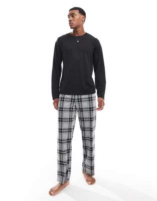 Loungeable Loungeable jersey top with micro fleece check trouser set in black