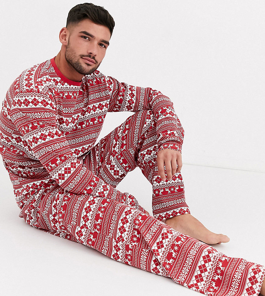 Loungeable - Kerstmis - Pyjamaset van top met lange mouwen en broek met fairisleprint-Rood