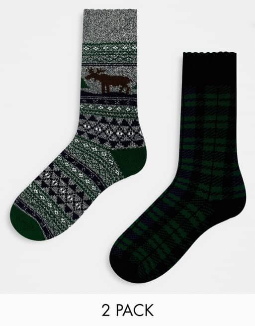 Loungeable - Kerstmis - Set van 2 paar sokken in fairisle motief en ruitjes in marineblauw en grijs