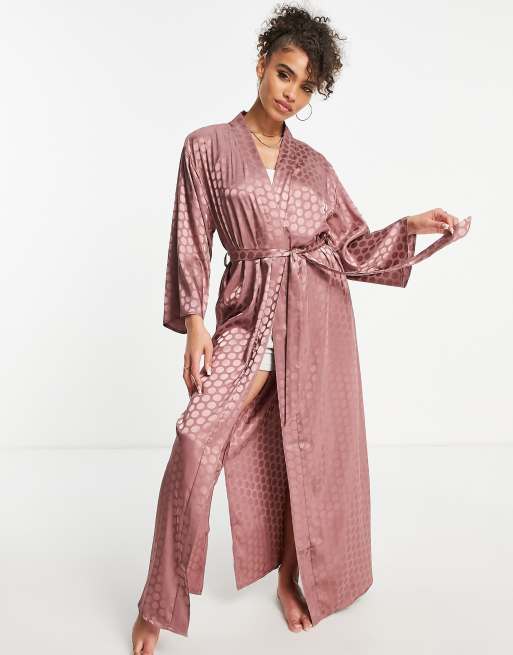 Loungeable - Kimono lungo in raso color cannella jacquard a pois metallizzati