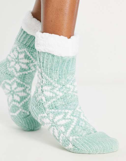 Loungeable - Knusse pantoffelsokken van chenille met sneeuwvlokprint in groen