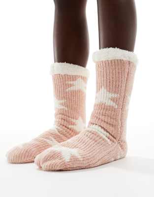 Loungeable - Kuschelige Hausschuh-Socken aus rosa Strick mit Zopf- und Sternmuster