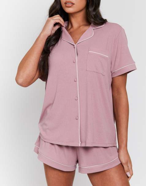 Loungeable - Ladies - Ensemble de pyjama en tissu côtelé avec chemise classique à manches courtes et short - Rose - view 1