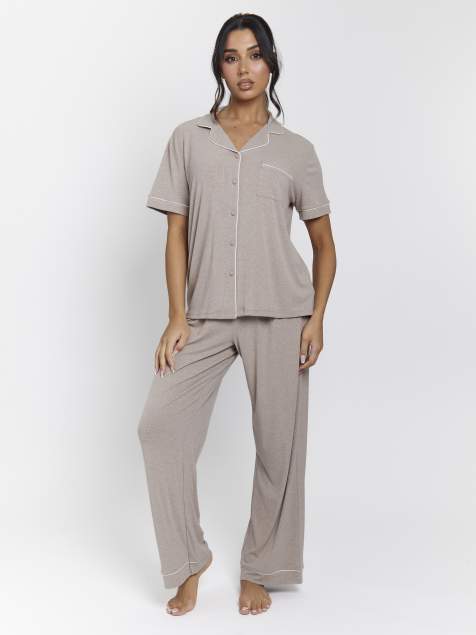 Loungeable – Ladies – Gerippter Pyjama in Hellbeige - view 1
