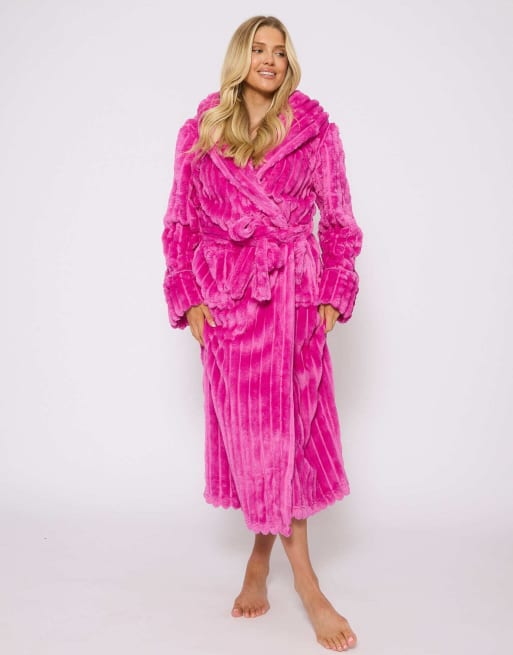 Loungeable Ladies hooded robe plush luxury maxi hooded dressing gown in pink