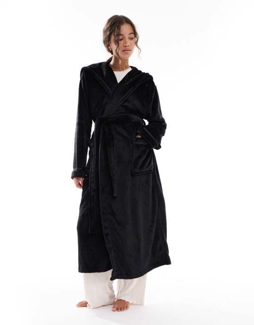 Loungeable Ladies hooded robe ribbon trim luxury fleece hooded maxi dressing gown in black