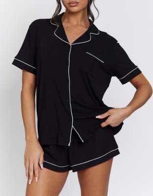 Loungeable - Ladies - Klassischer kurzer Pyjama in Schwarz mit Rippstruktur
