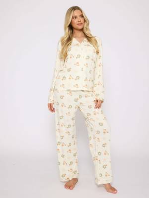 Loungeable Ladies printed pyjama neutral christmas button shirt and long pant pyjamas set in cream-White