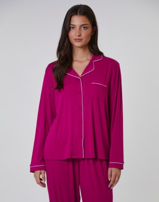 Loungeable Ladies ribbed pyjama rib long sleeve traditional shirt and long pant in dark pink