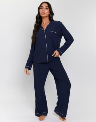 Loungeable Ladies ribbed pyjama rib long sleeve traditional shirt and long pant in navy-Blue