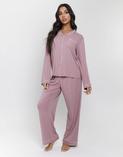 Loungeable Ladies ribbed pyjama rib long sleeve traditional shirt and long pant in pink