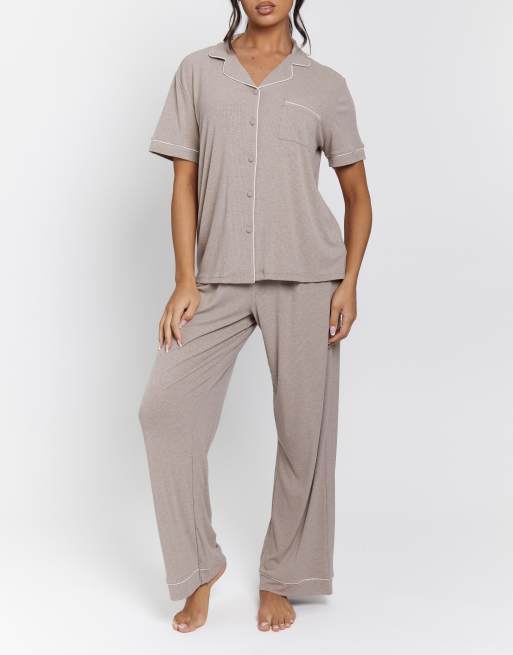 Loungeable Ladies ribbed pyjama rib short sleeve traditional shirt and long pant in oatmeal