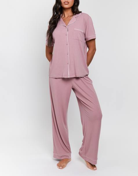 Loungeable Ladies ribbed pyjama rib short sleeve traditional shirt and long pant in pink - view 1