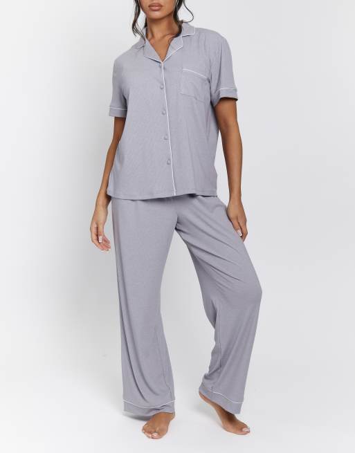 Loungeable Ladies ribbed pyjama rib short sleeve traditional shirt and long pant in silver