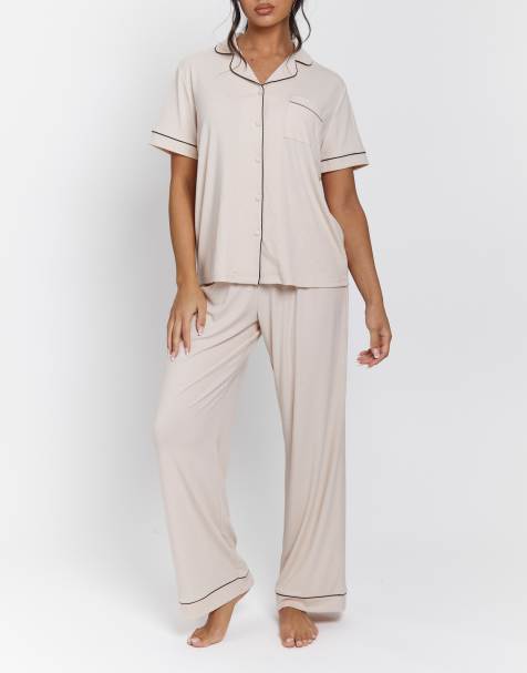 Loungeable Ladies ribbed pyjama rib short sleeve traditional shirt and long pant in vanilla - view 1