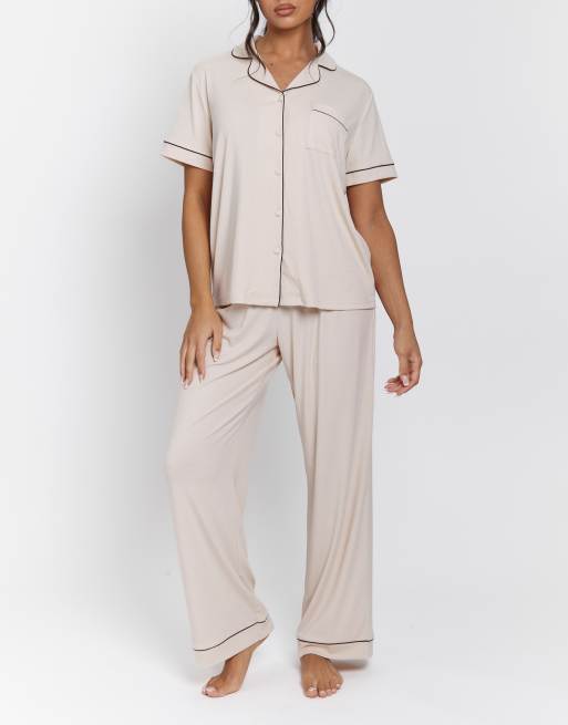 Loungeable Ladies ribbed pyjama rib short sleeve traditional shirt and long pant in vanilla