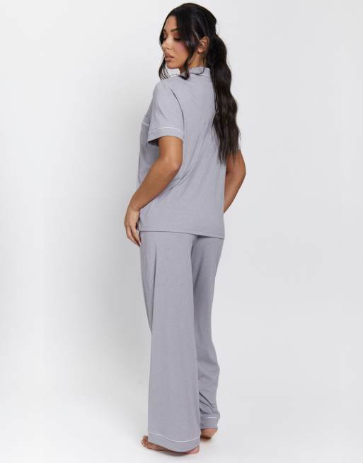 Loungeable Ladies ribbed pyjama set in silver, 5 of 5
