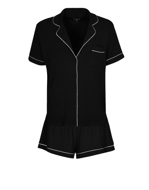 Loungeable Ladies traditional rib short pyjama set in black, 5 of 7